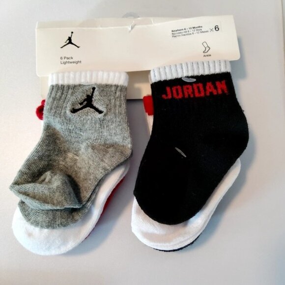 Jordan Baby 6 Pack Lightweight Ankle Socks~ Gray, White, Red & Black 6-12 Months - Picture 3 of 5